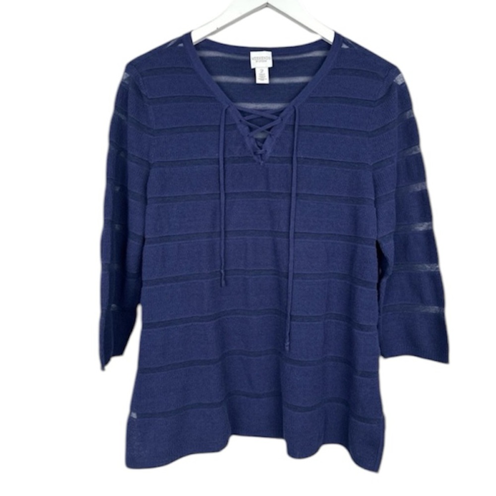 Weekends by Chico’s Navy Textured Stripe Tie Top Size Large